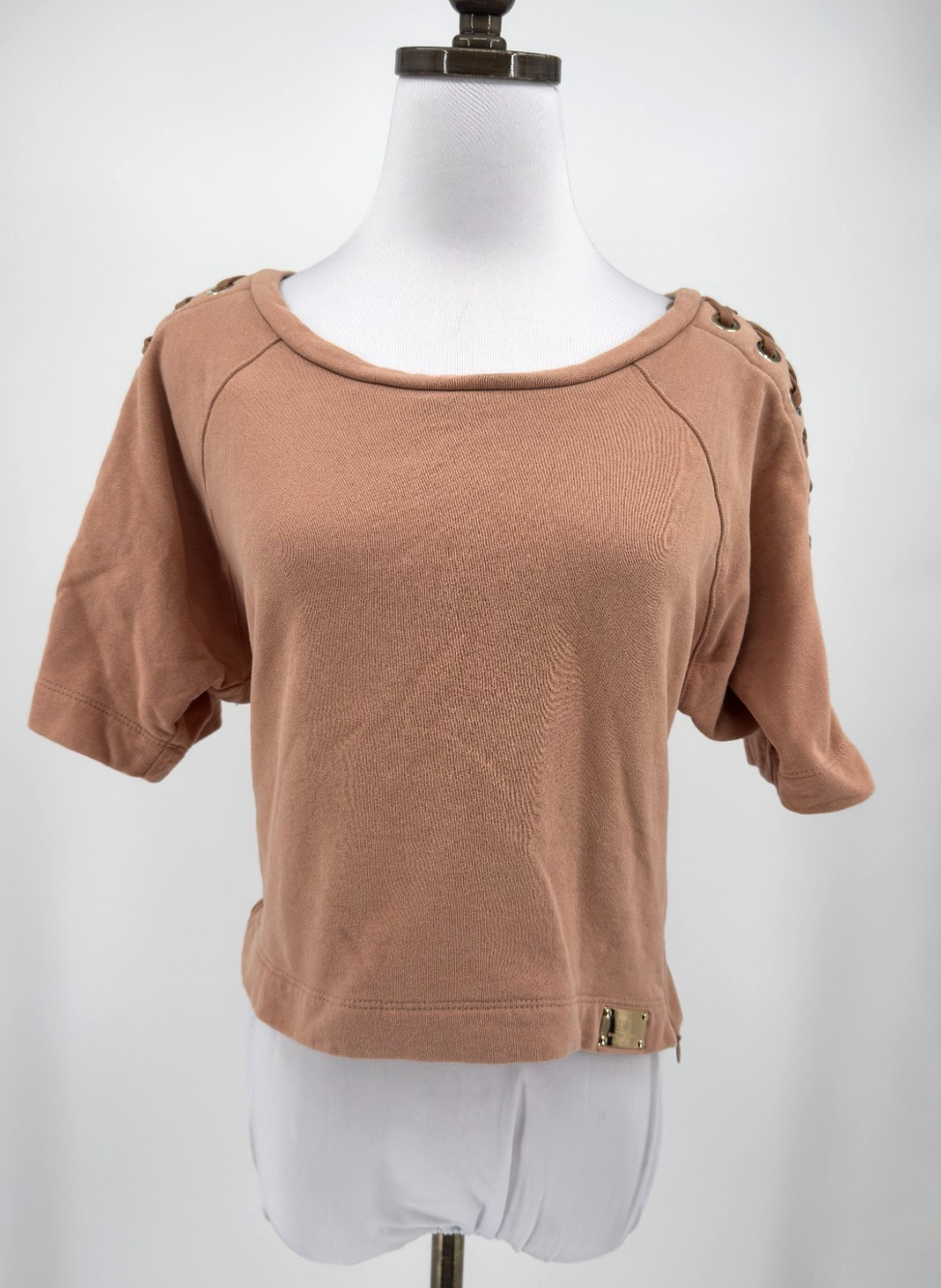 Elisabetta Franchi Peach Grommet Lace-Up Shoulder Cropped Sweatshirt Sz 42 US 6